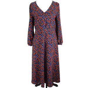 Ann Taylor Cherry Flare Midi Dress Women Size 6 Black Red Blue V Neck 3/4 Sleeve